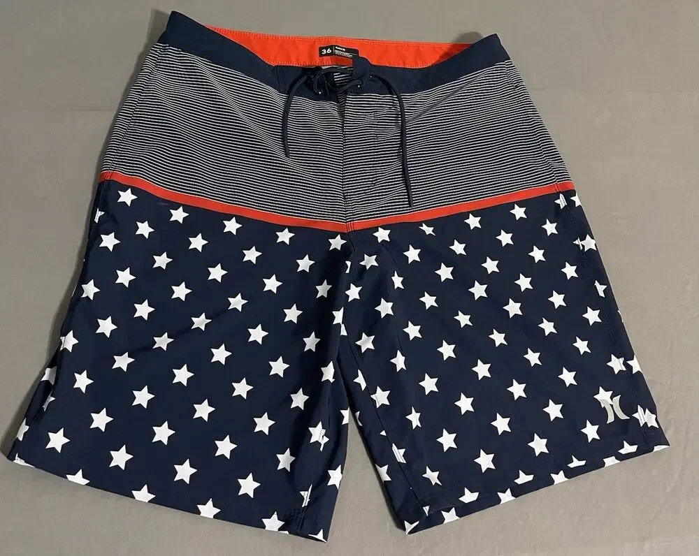 Hurley Board Shorts Mens 36 Navy Stars Stripes Swim Trunks Excellent Cond
